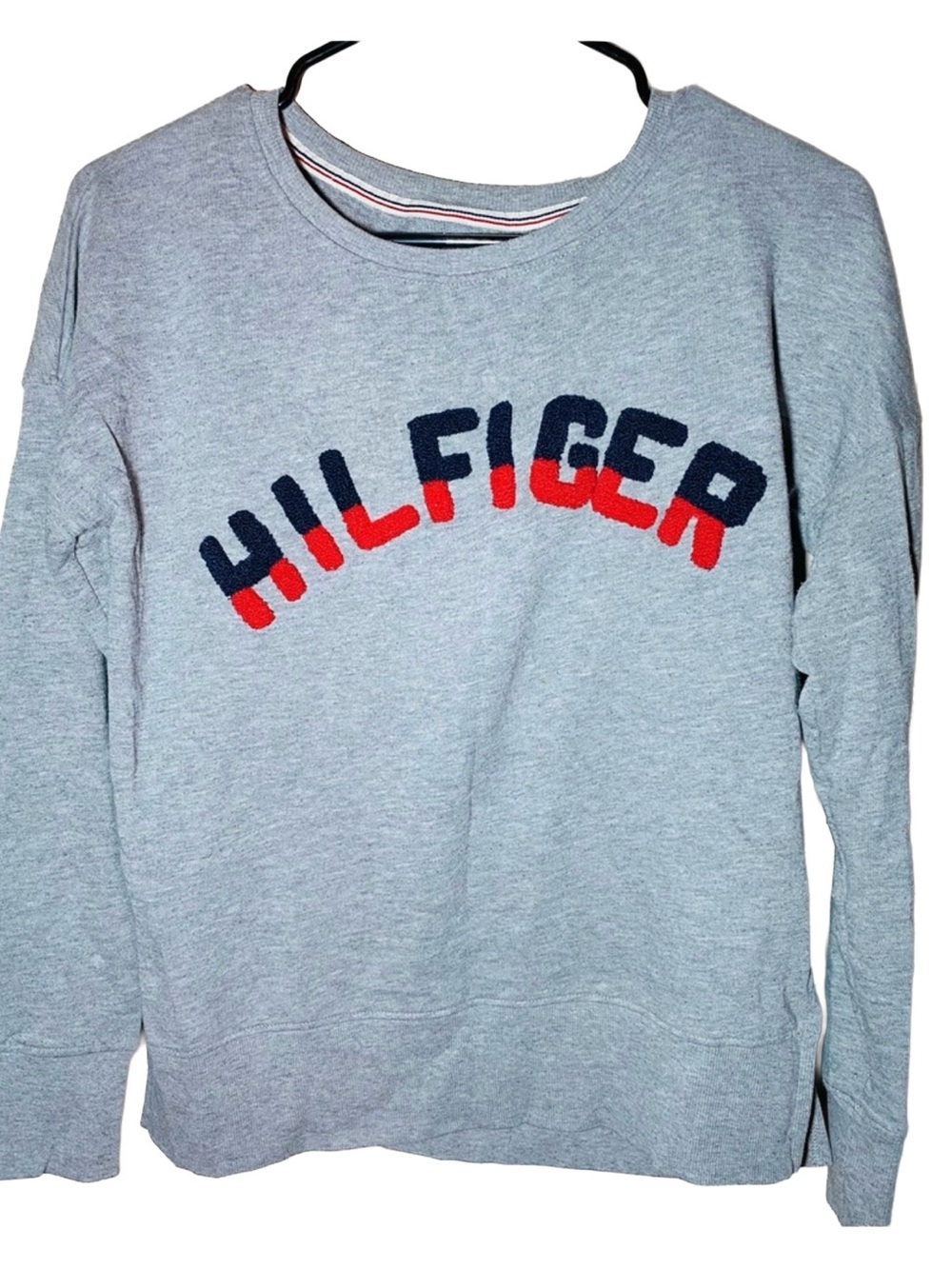 Tommy Hilfiger Sweatshirt Women Gray Raised Carpet Spell Out‎ Logo Sweater, S